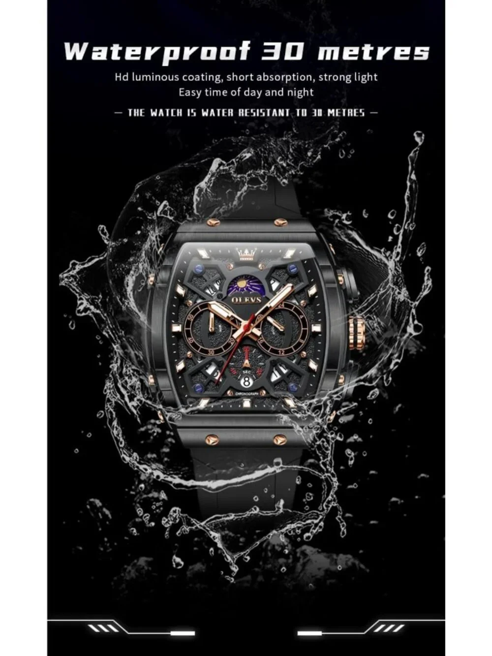 Stylish Men's Chronograph Watch - Waterproof, Luminous, Silicon Strap